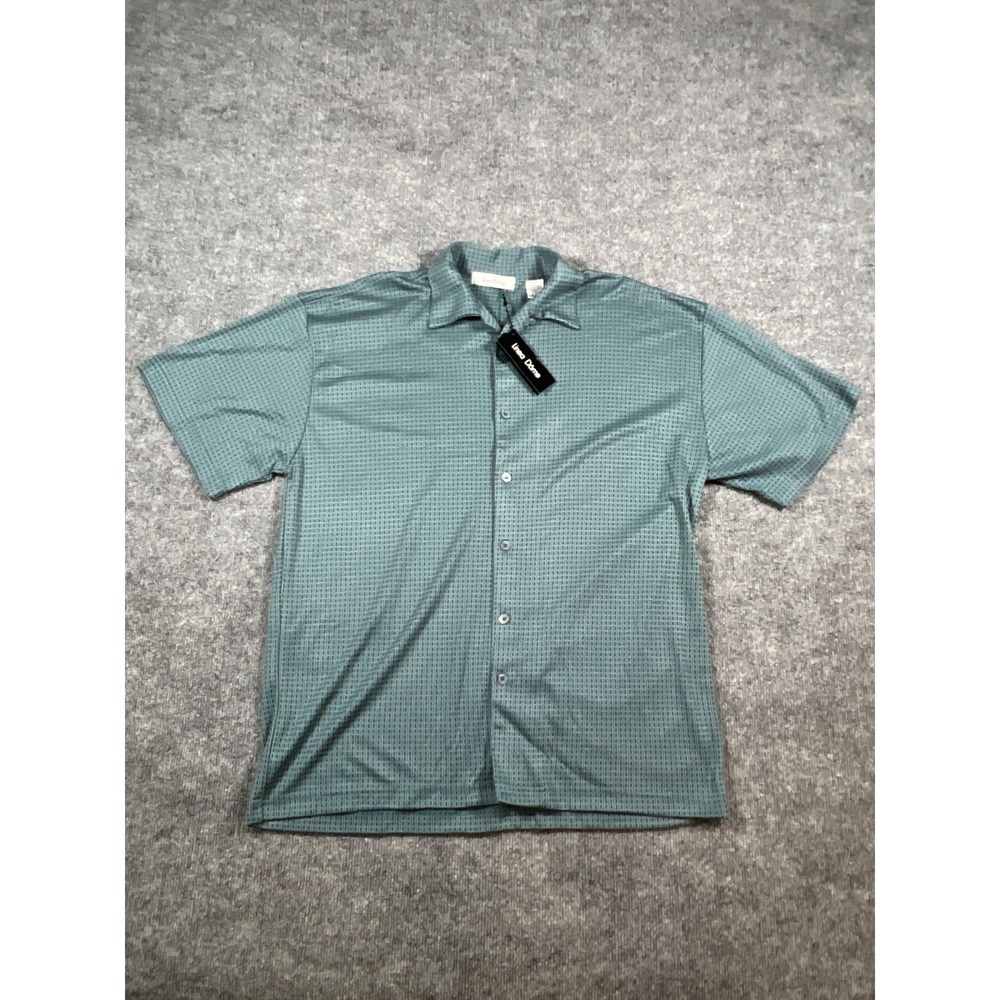 Linea Dome Shirt Mens Ocean Teal Large Rayon Grid Casual Camp Collar Button Up